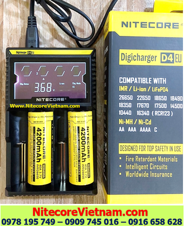 Nitecore D4 (Bộ sạc Nitecore D4 kèm sẳn 02 pin SẠC 18650 NITECORE IMR26650 4200mAh dòng xả 40A lithium 3.7v) chính hãng